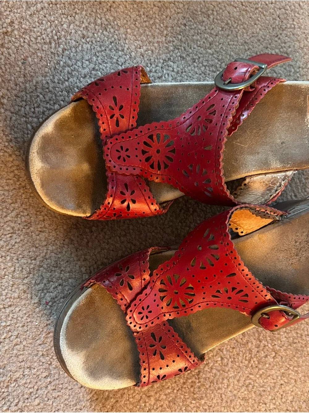 Dansko Red Laser-Cut Leather Floral Strap Sandals